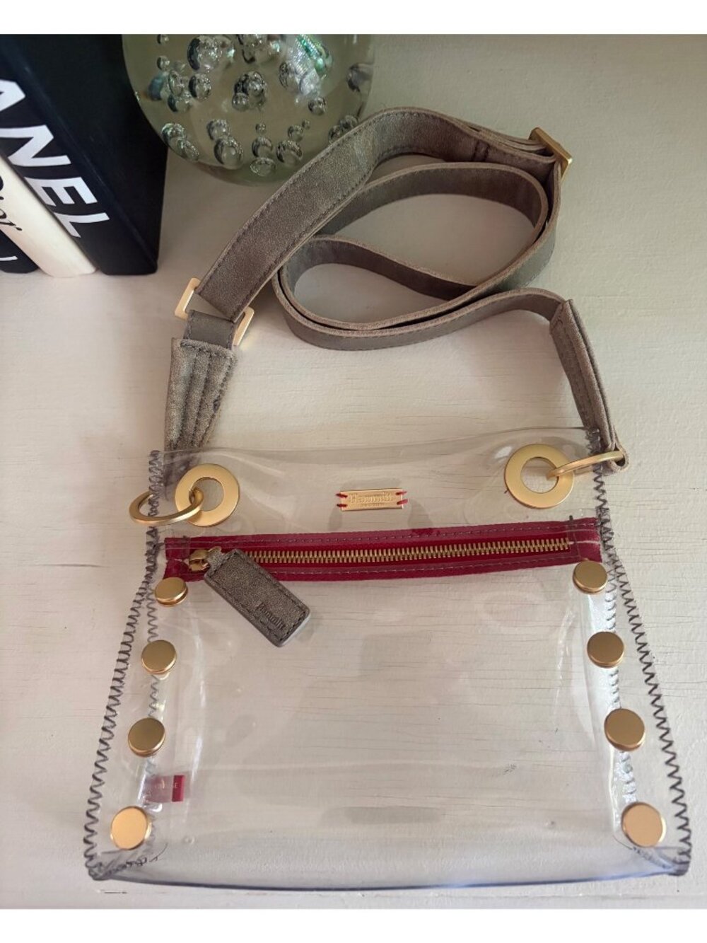Hammitt Tony Small Clear Crossbody Bag Brushed Gold & Red